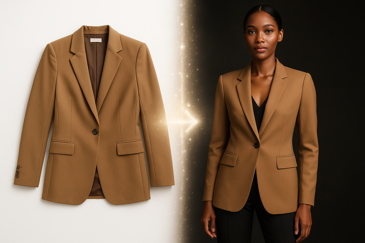 AI flat lay to model conversion showing garment transformation