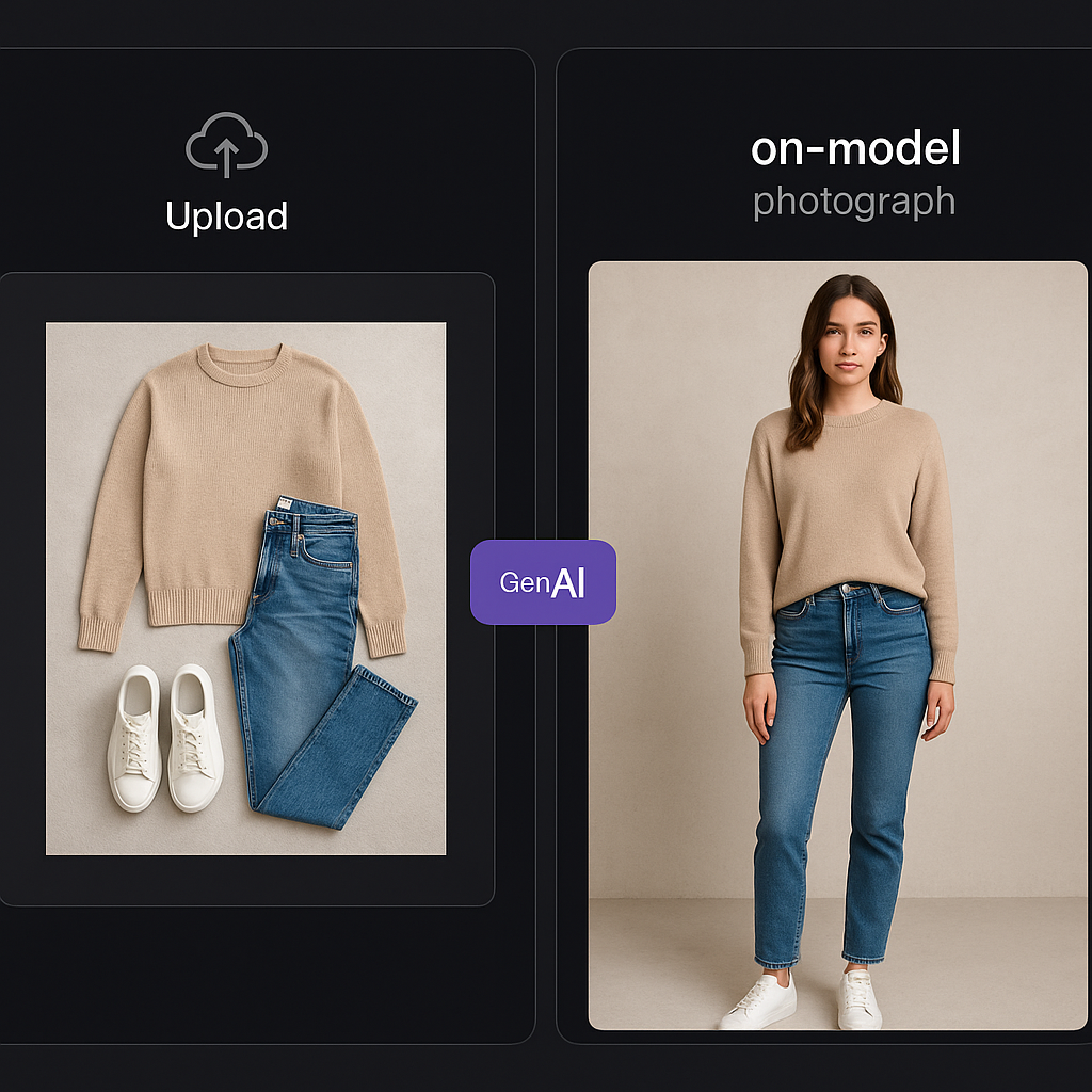 Upload flat lay photo and get realistic on-model imagery